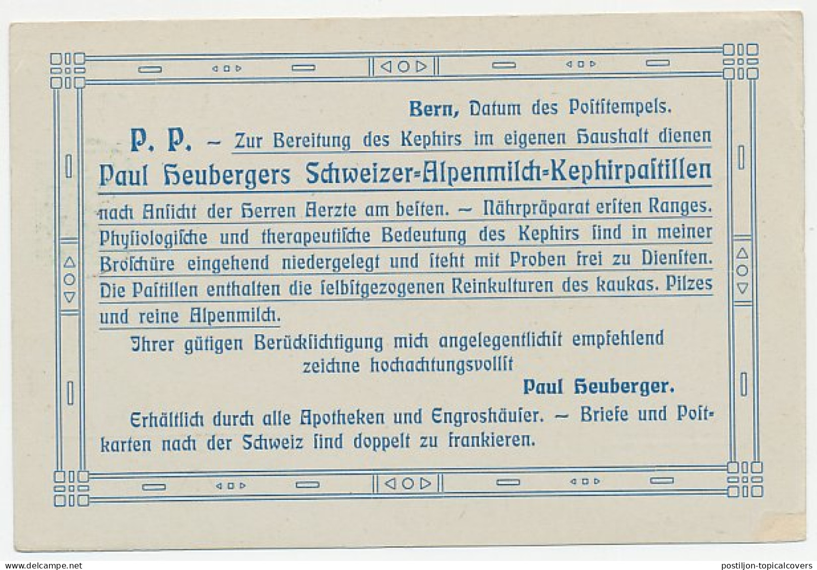 Postal Stationery Switzerland 1909 Kephir Pastilles - Mushroom - Alpine Milk - Pharmacie