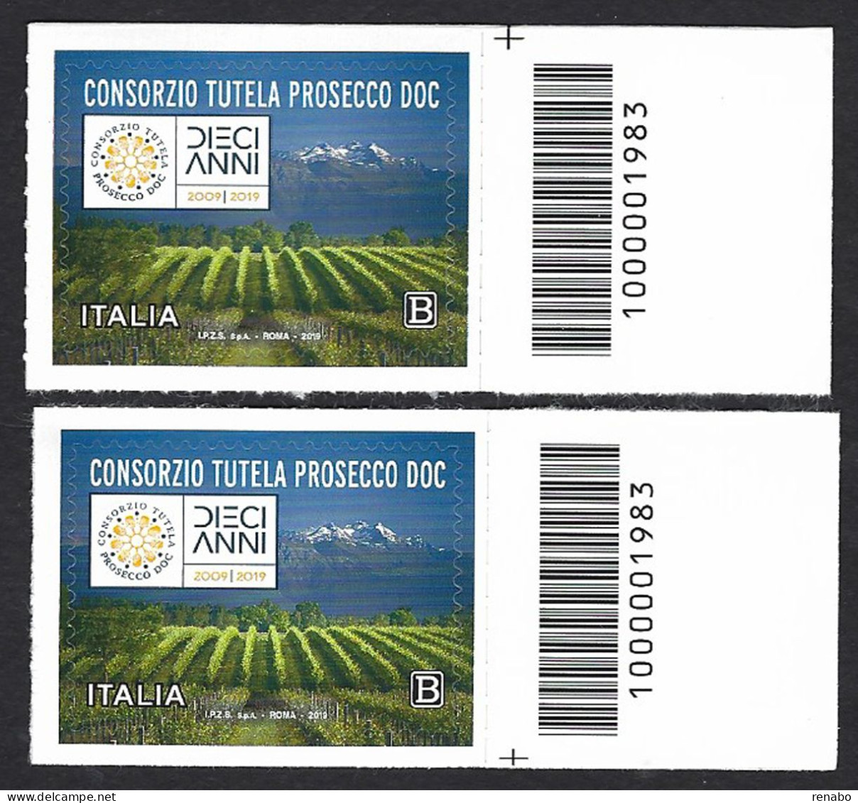 Italia 2019; 10° Consorzio Tutela Prosecco DOC; Codici A Barre Opposte A Destra. - Barcodes