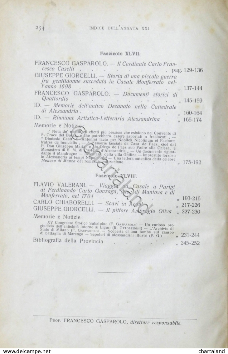 Rivista Di Storia Arte Archeologia Prov. Di Alessandria Anno XXI Completo 1912 - Autres & Non Classés