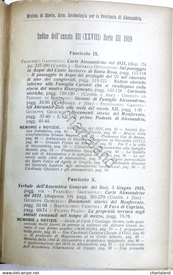 Rivista Storia Arte Archeologia Prov. Di Alessandria Anno XXVIII Completo 1919 - Sonstige & Ohne Zuordnung