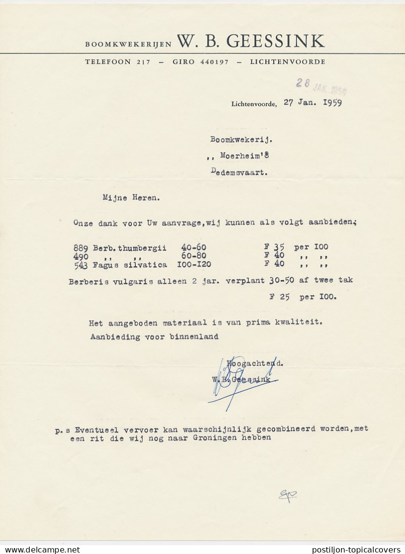 Brief Lichtenvoorde 1959 - Boomkwekerij - Pays-Bas