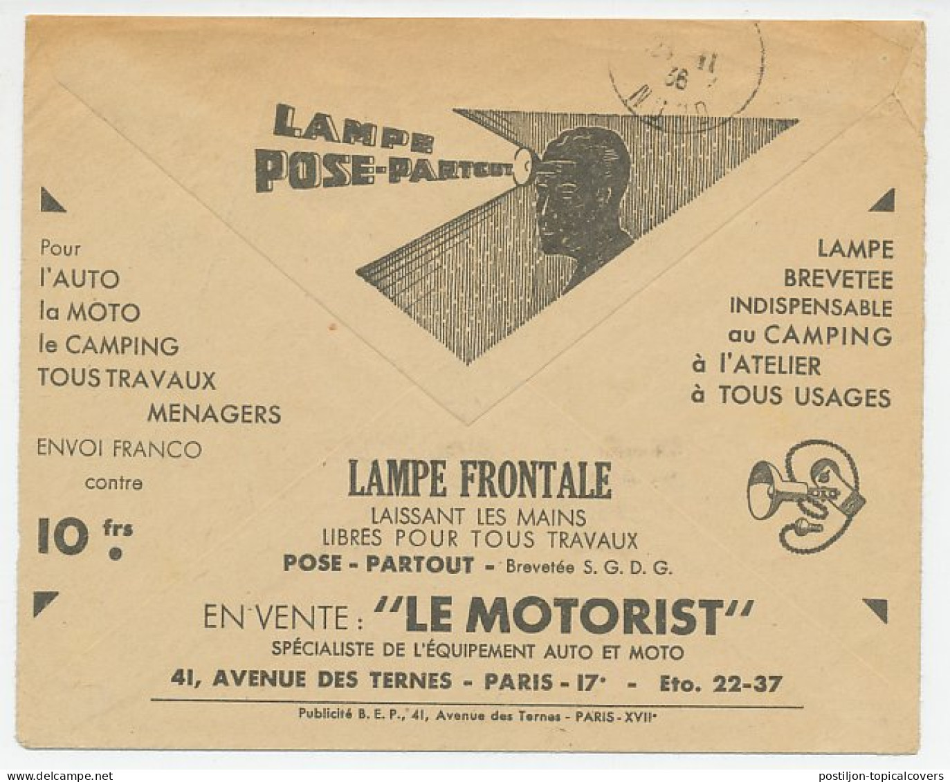 Postal Cheque Cover France 1936 Lamp - Car - Motorcycle - Camping - Light - Electricidad