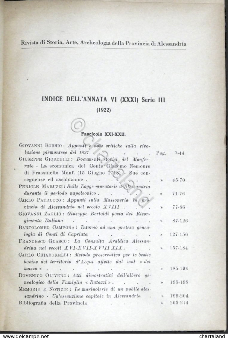 Rivista Di Storia Arte Archeologia Prov. Di Alessandria Anno XXXI Completo 1922 - Sonstige & Ohne Zuordnung