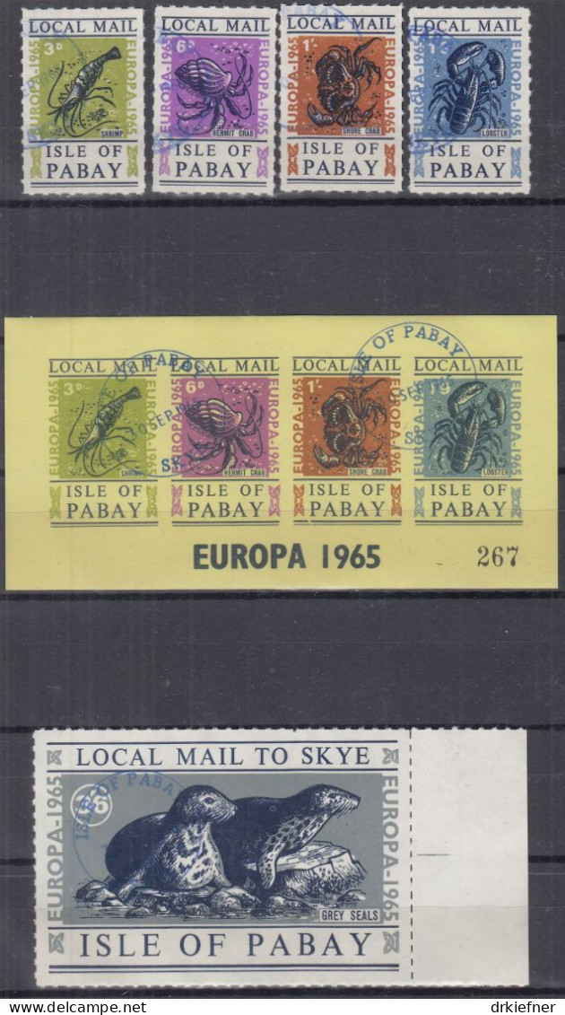 INSEL PABAY (Schottland), Nichtamtl. Briefmarken, 1 Block + 5 Marken, Gestempelt, Europa 1965, Krebstiere, Robben - Scotland