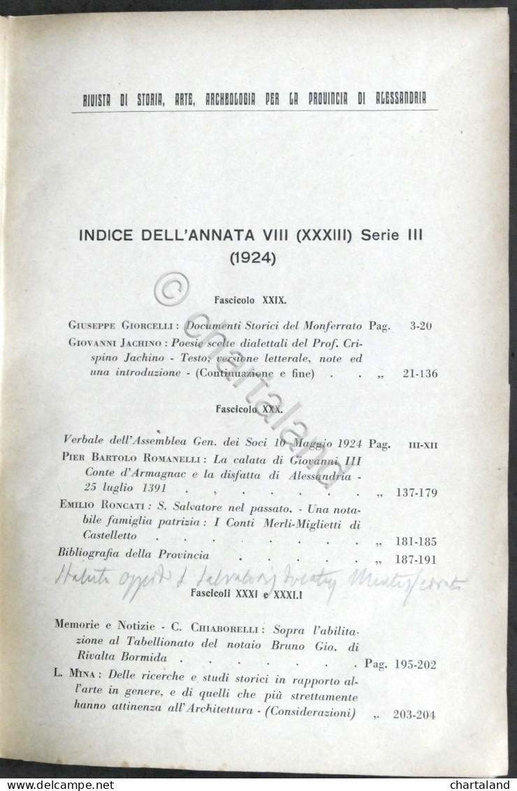 Rivista Storia Arte Archeologia Prov. Di Alessandria Anno XXXIII Completo 1924 - Other & Unclassified