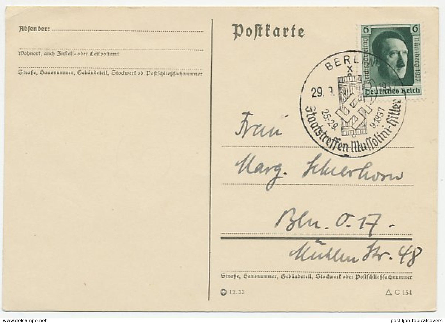 Card / Postmark Germany 1937 Meeting Mussolini - Hitler - Guerre Mondiale (Seconde)