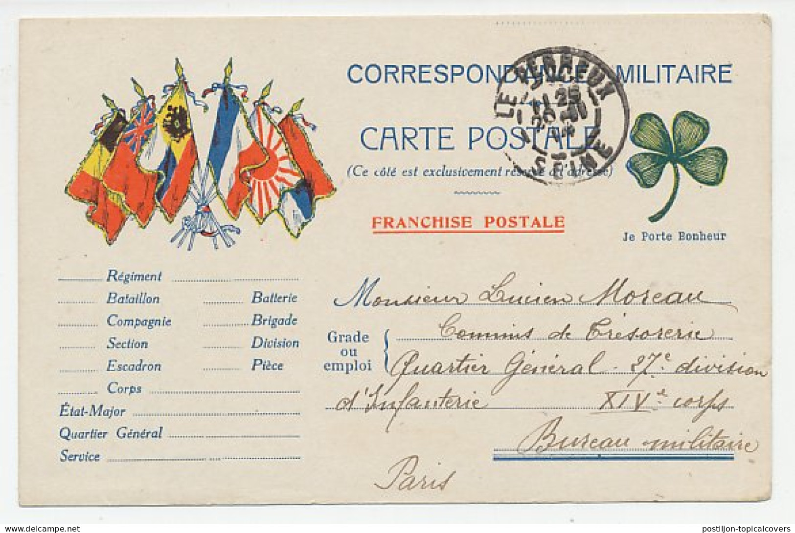 Military Service Card France 1914 Flags - Allies Postcard - Four-leaf Clover - WWI - Autres & Non Classés