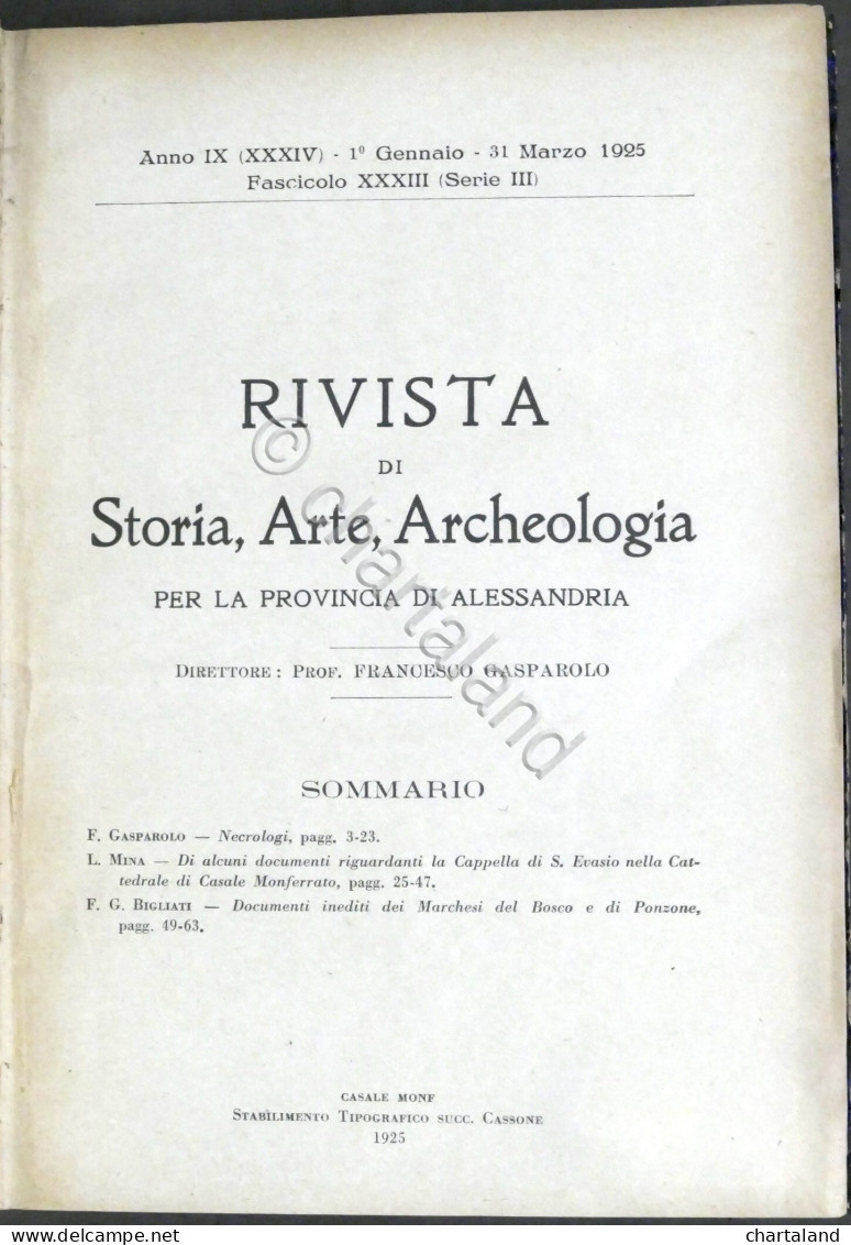 Rivista Di Storia Arte Archeologia Prov. Di Alessandria Anno XXXIV Completo 1925 - Other & Unclassified