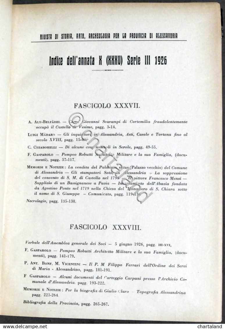 Rivista Di Storia Arte Archeologia Prov. Di Alessandria Anno XXXV Completo 1926 - Other & Unclassified