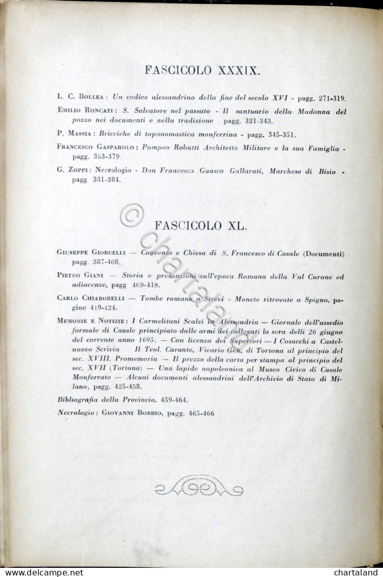 Rivista Di Storia Arte Archeologia Prov. Di Alessandria Anno XXXV Completo 1926 - Other & Unclassified