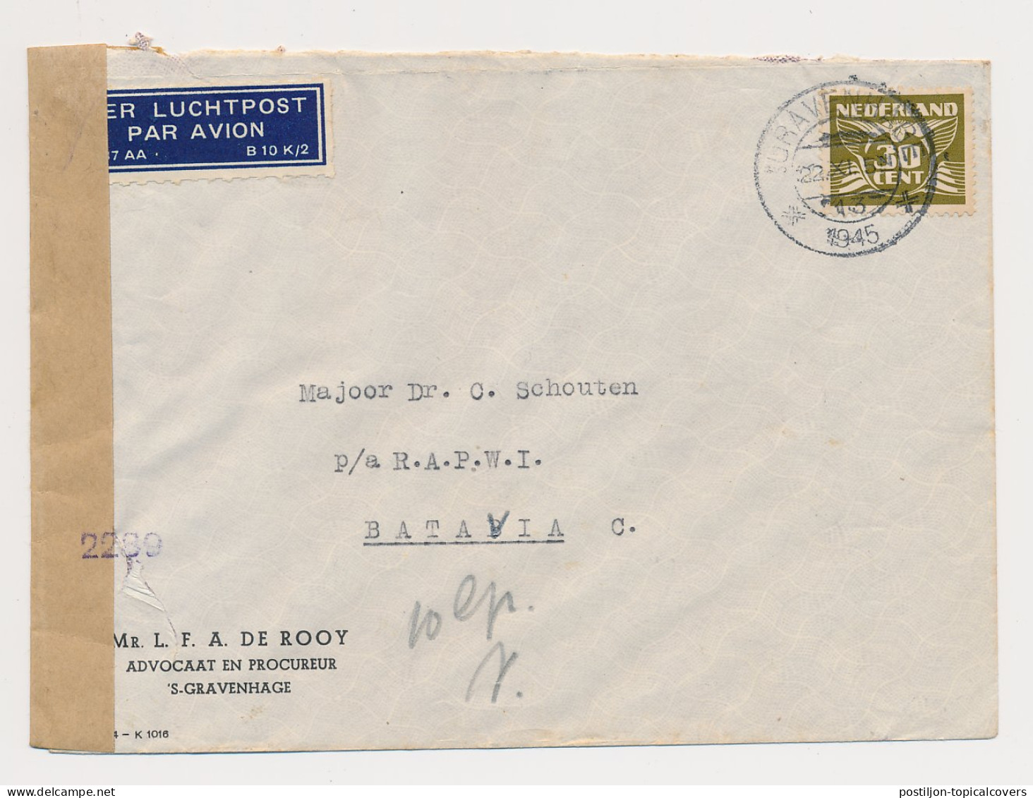 Censored Cover Netherlands - Netherlands Indies 1945 - RAPWI - Indes Néerlandaises