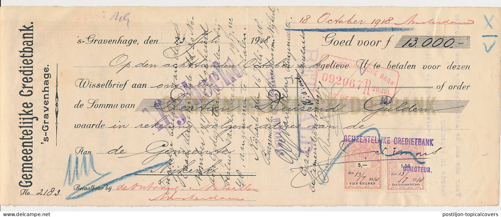 Plakzegel 1.50 / 5.- Den 19.. - Wisselbrief Den Haag 1918 - Revenue Stamps