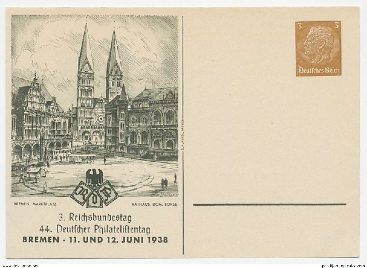 Postal Stationery Germany 1938 Philatelic Day Bremen - Town Hall - Cathedral - Market - Iglesias Y Catedrales