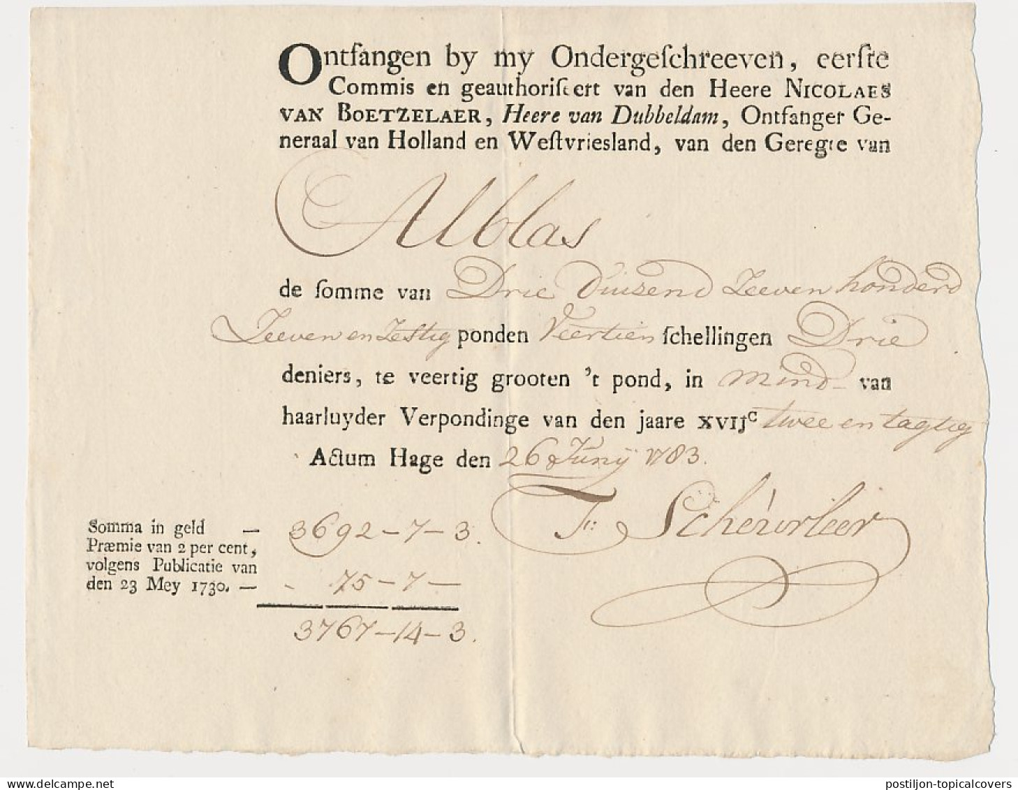 Kwitantie Verpondinge - Den Haag 1783 - Fiscali