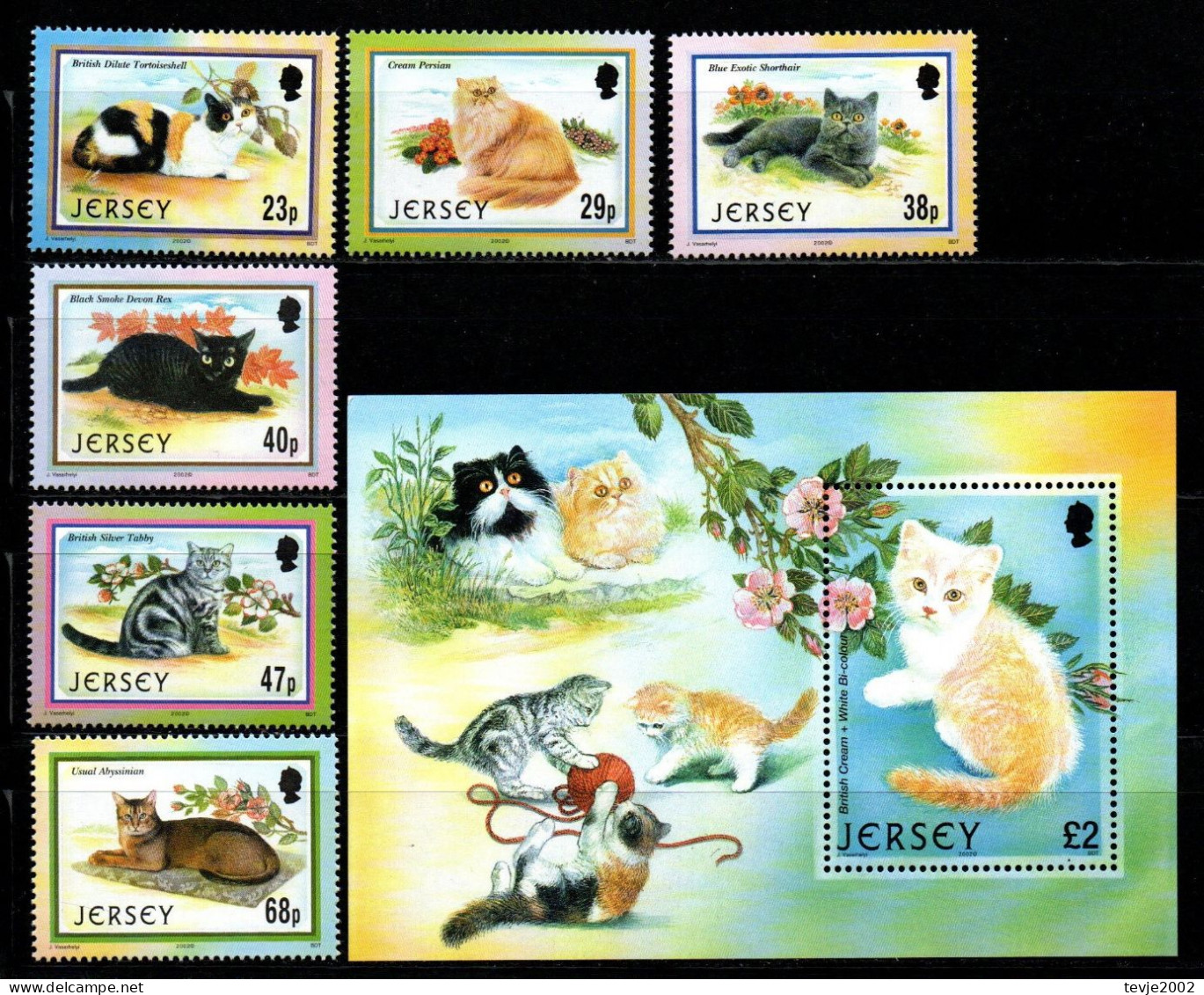 Jersey 2002 - Mi.Nr. 1048 - 1053 + Block 34 - Postfrisch MNH - Tiere Animals Katzen Cats - Domestic Cats