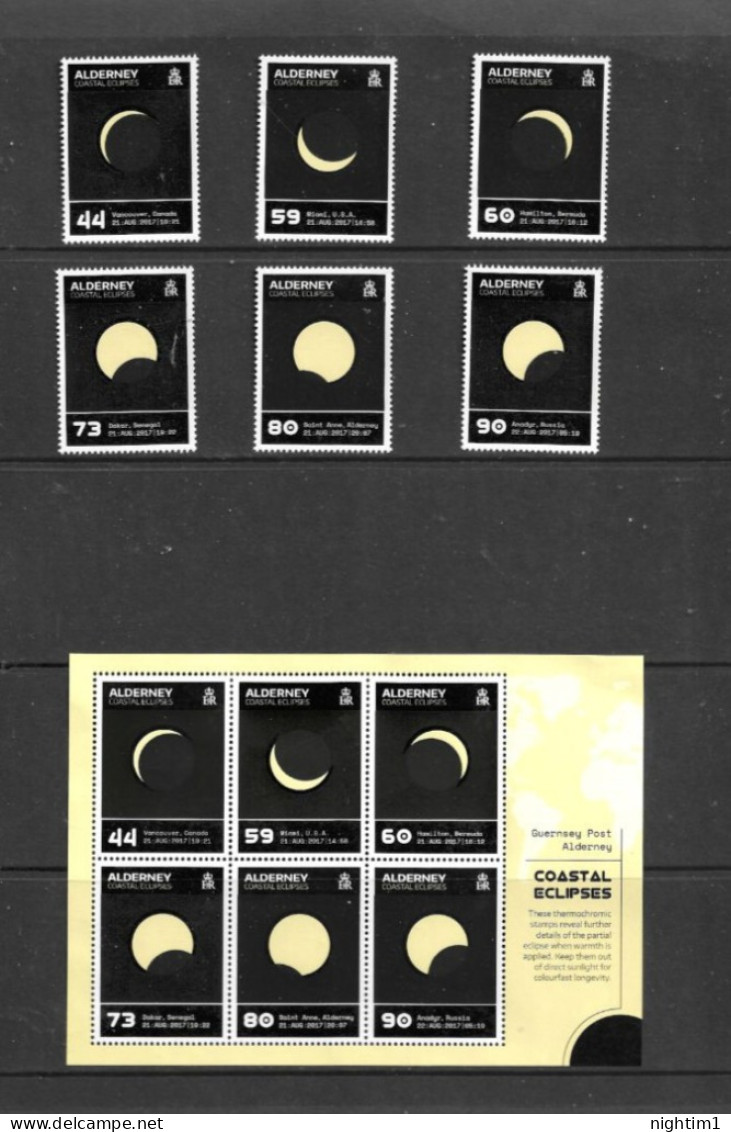 ALDERNEY COLLECTION. 2017 COASTAL ECLIPSES. SET OF 6 AND MINIATURE SHEET. UNMOUNTED MINT. - Alderney