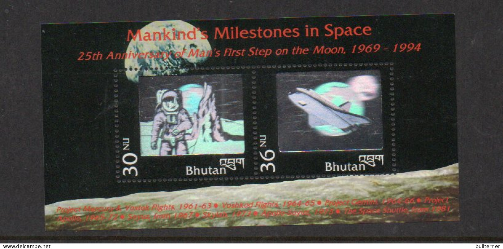 HOLOGRAMS - BHUTAN -1994 - MOON LANDING HOLOGRAM S/SHEET  MINT NEVER HINGED  SG CAT £9.75 - Ologrammi