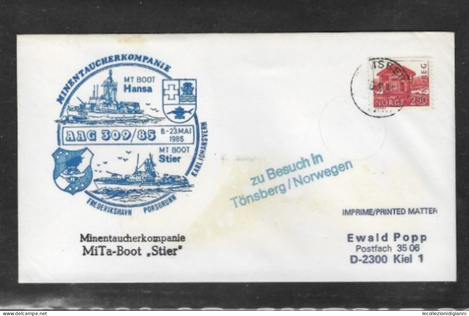 1052) Busta Marina Militare Schiffspost Schiffsstempel MT BOOT HANSA + STIER 1985 Zu Besuch Norge Tønsberg Norwegen - Storia Postale