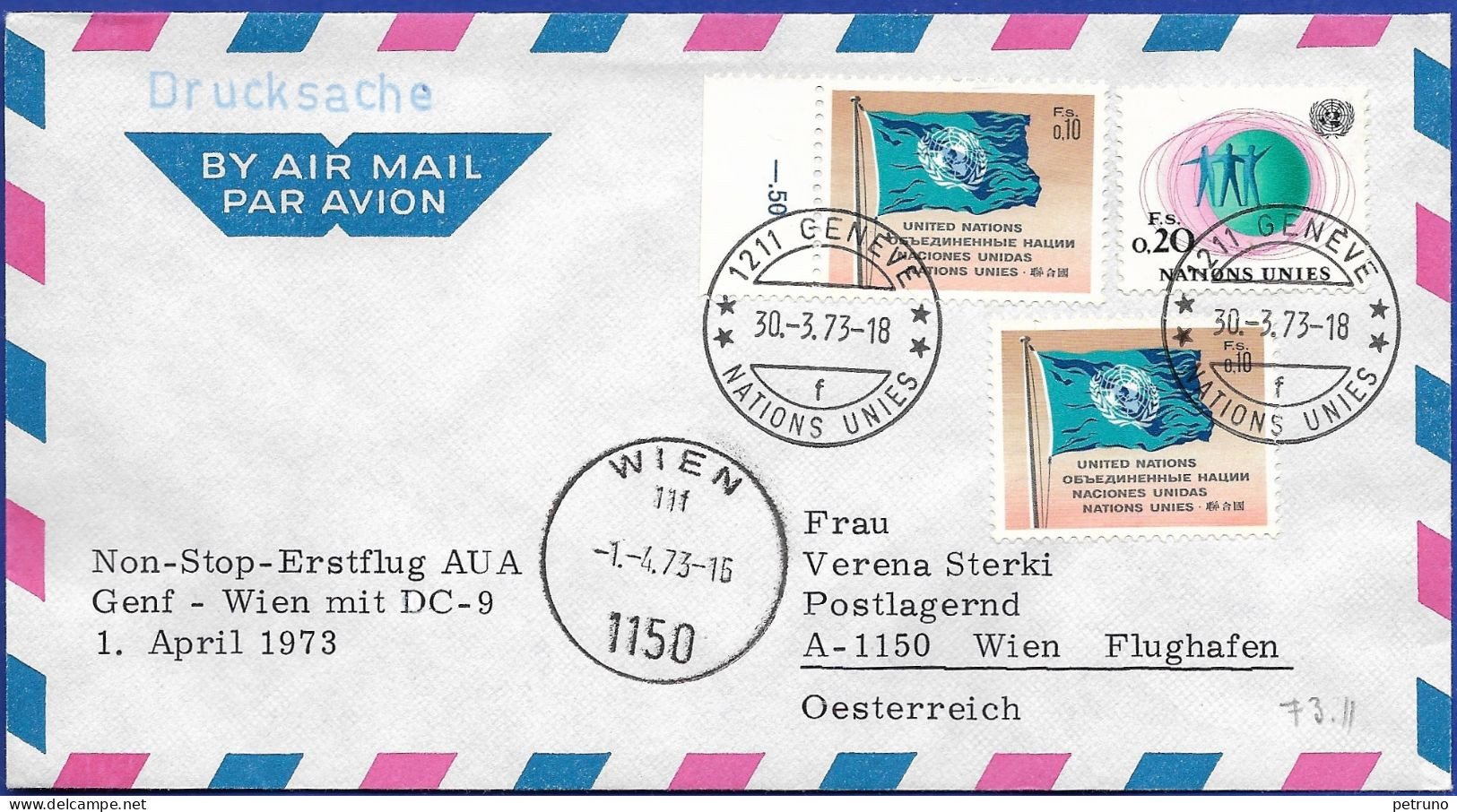 FFL Ab UNO-Genf -Wien 1.4.1973 Mit AUA - Cartas & Documentos