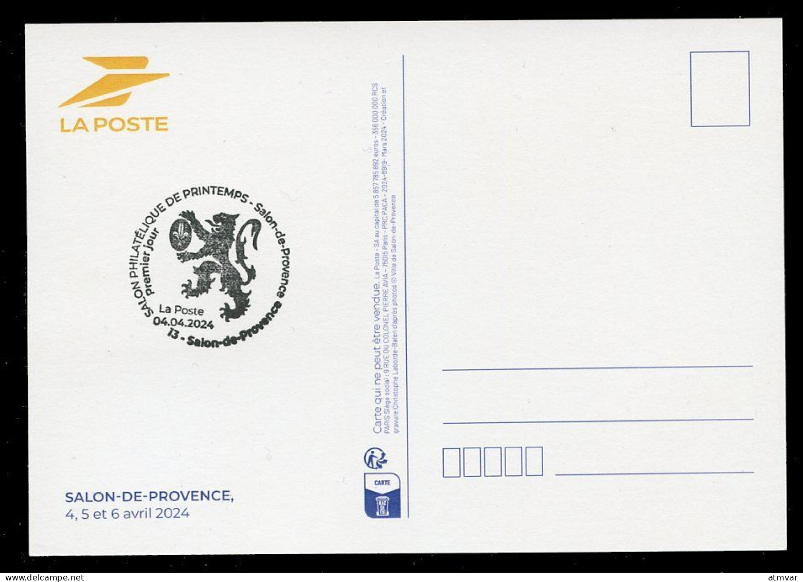 FRANCE (2024) Carte Maximum Card Salon Philatélique Printemps Salon-de-Provence - Château, Tour, Fontaine, Blason, Daté - 2020-…