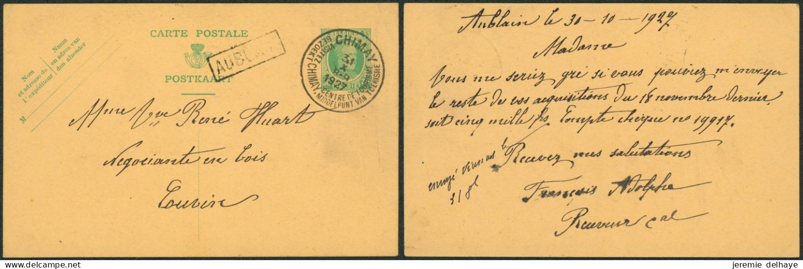 EP Au Type 50ctm Vert Houyoux Obl Simple Cercle "Chimay" (touristique) + Griffe à L'origine AUBLAIN > Couvin - Cartoline 1909-1934