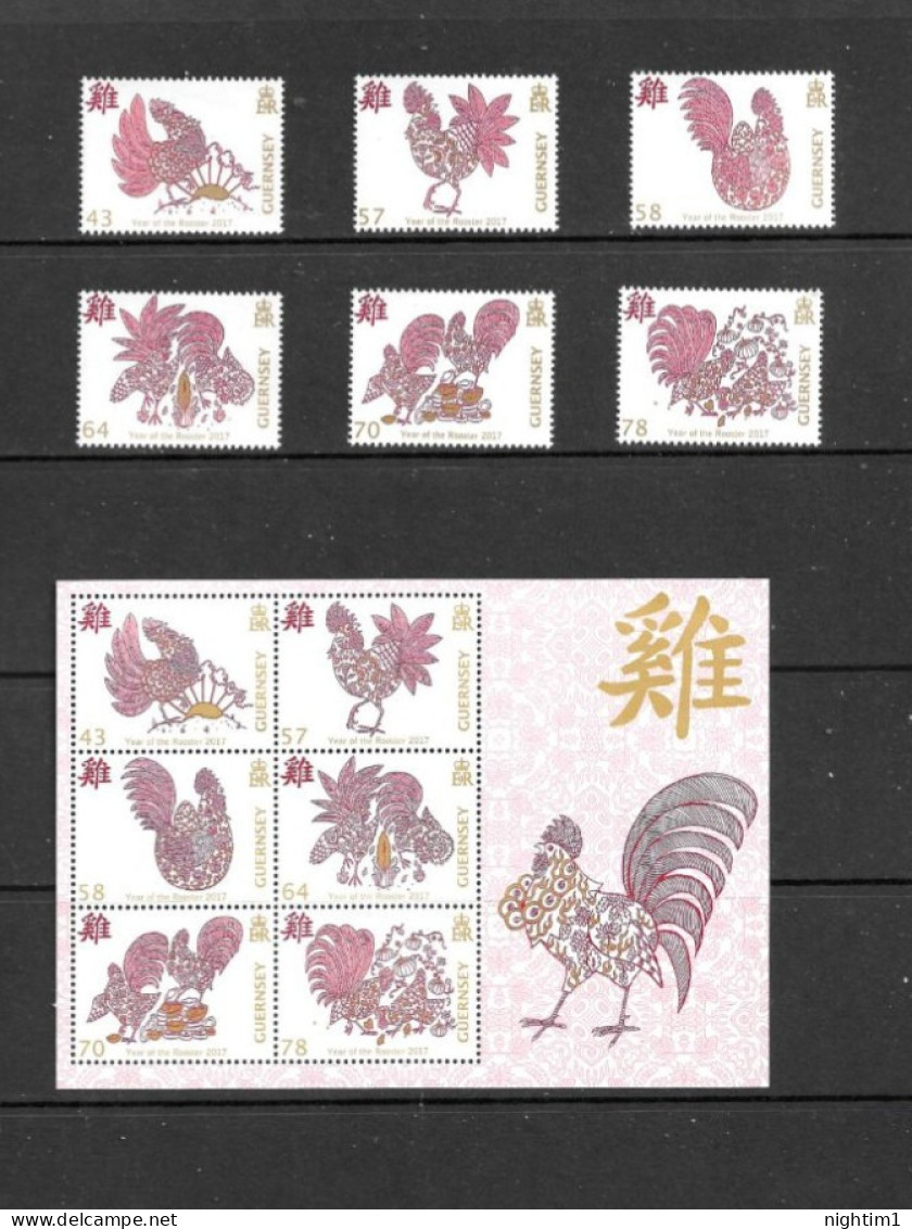 GUERNSEY COLLECTION.  2017 YEAR OF THE ROOSTER. SET OF 6 AND MINIATURE SHEET. UNMOUNTED MINT. - Guernsey