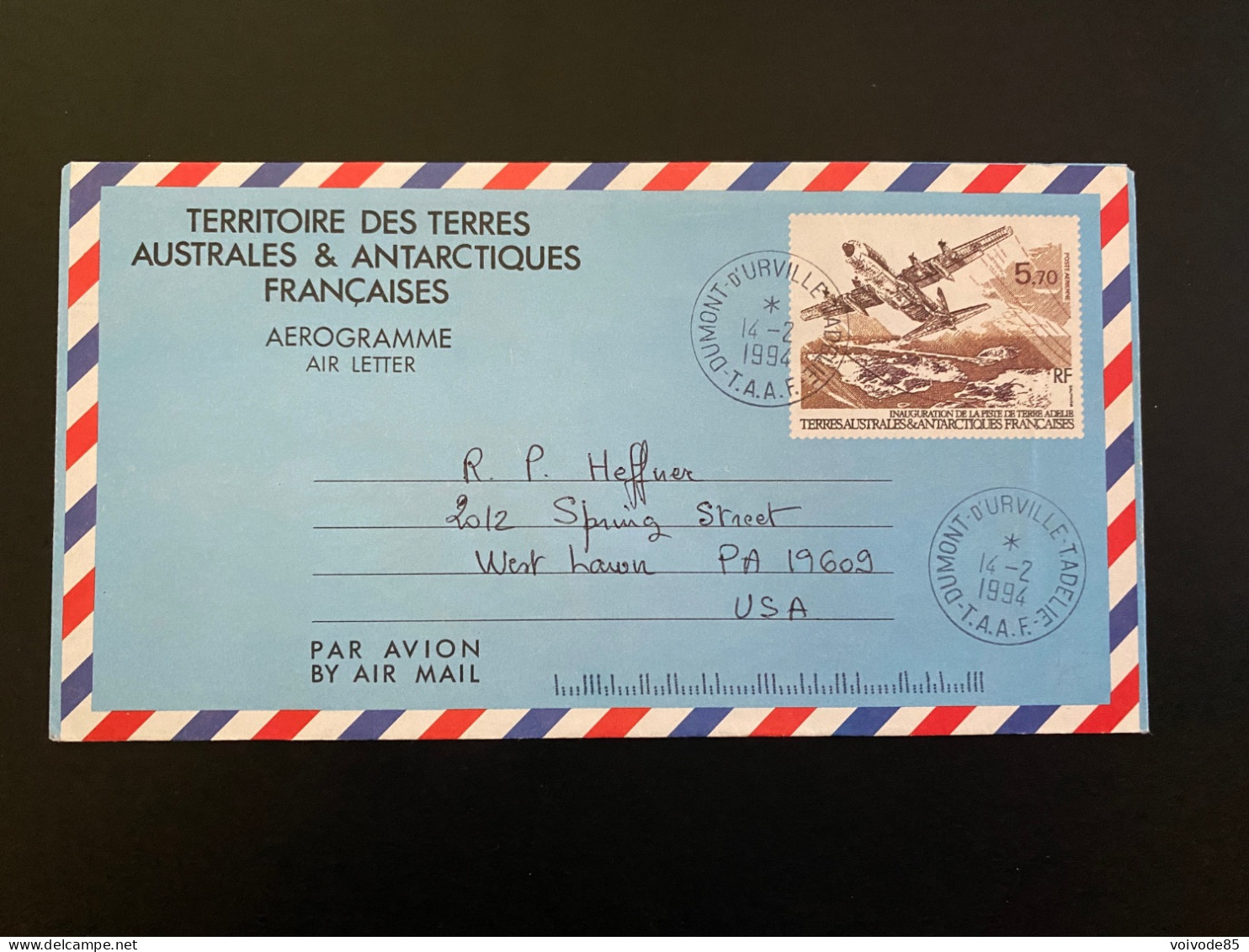 Lettre "Inauguration De La Piste Terre Adélie" - 14/02/1994  - TAAF - Aérogramme - Air Mail - Aviation - USA - Brieven En Documenten