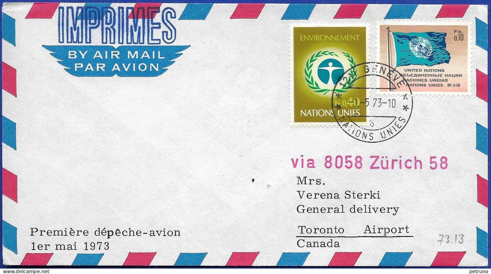 FL 1. Kartenschluss UNO-Genf-Toronto 1.5.1973 Mit Swissair/Air Canada - Covers & Documents