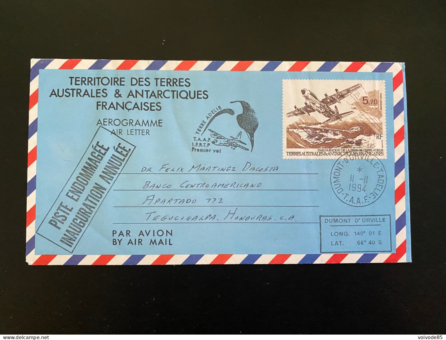 Lettre "Inauguration De La Piste Terre Adélie" - 11/11/1994  - TAAF - Aérogramme - Air Mail - Aviation - Honduras - Brieven En Documenten