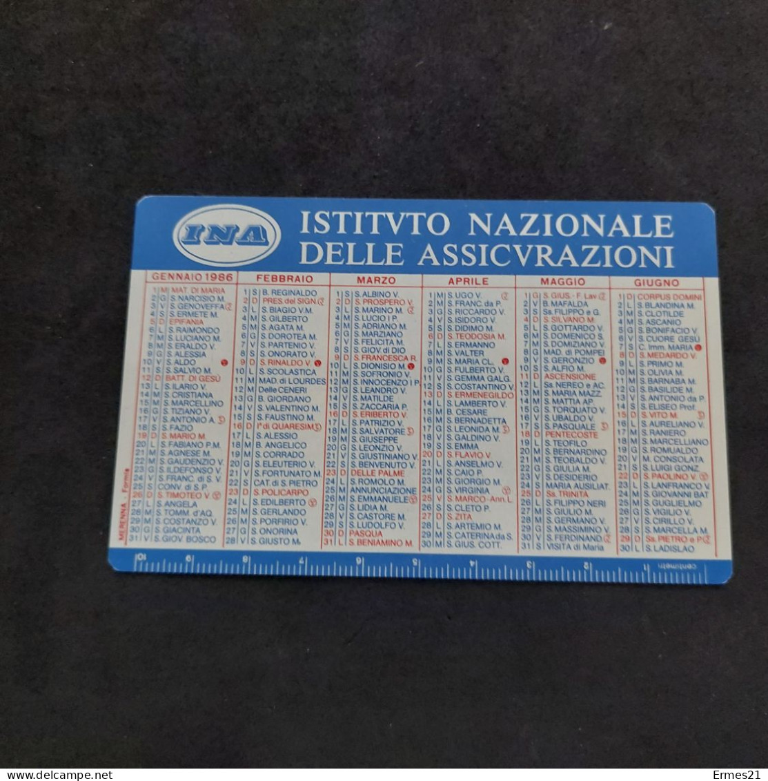 Calendarietto 1986 INA Assitalia Assicurazioni. Condizioni Eccellenti.  Plastificato. - Klein Formaat: 1981-90