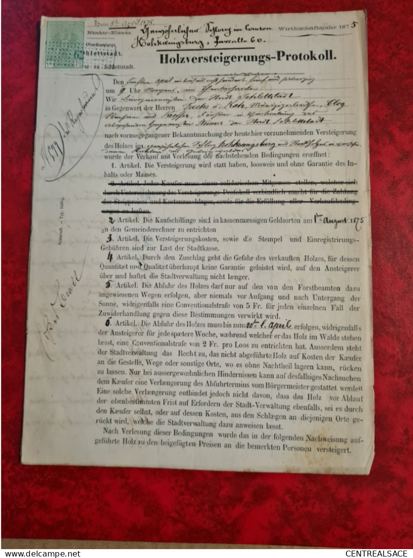 1875 REICHSTEMPEL 1FR VERT N°9 SELESTAT VENTE AUX ENCHERES BOIS CANTON DU HAUT KOENIGSBOURG - Cartas & Documentos