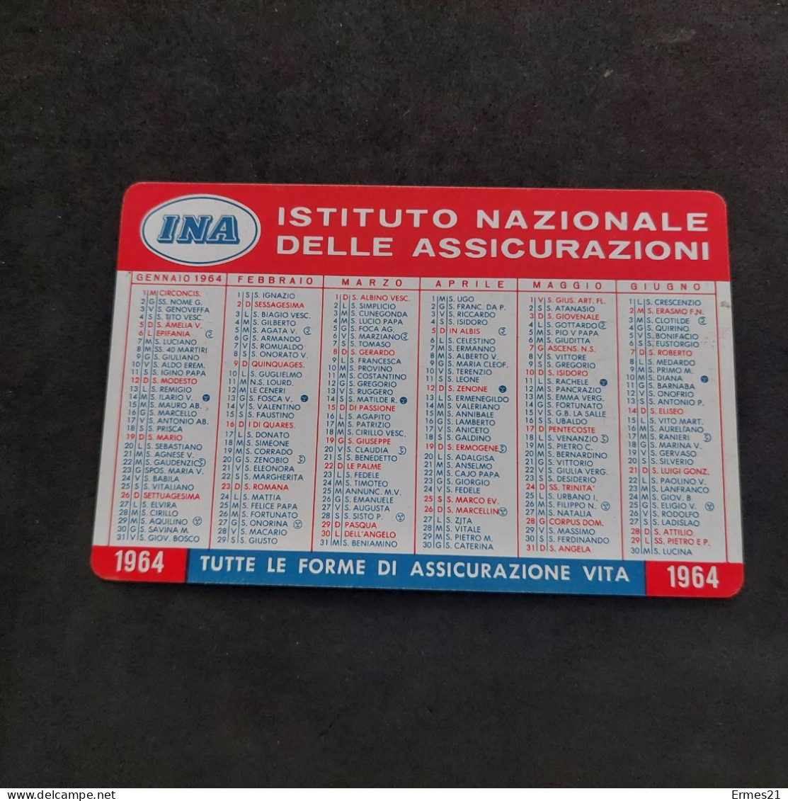 Calendarietto 1964  INA Assitalia Assicurazioni. Condizioni Eccellenti.  Plastificato. - Petit Format : 1961-70