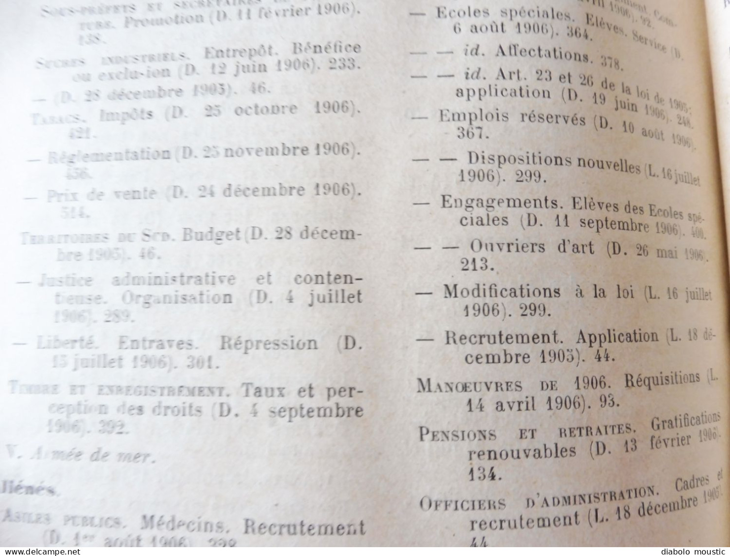 1906  RECUEIL des LOIS : Fraudes et répressions, Explosifs, Code pénal, Police sanitaire,  Etc ; Etc