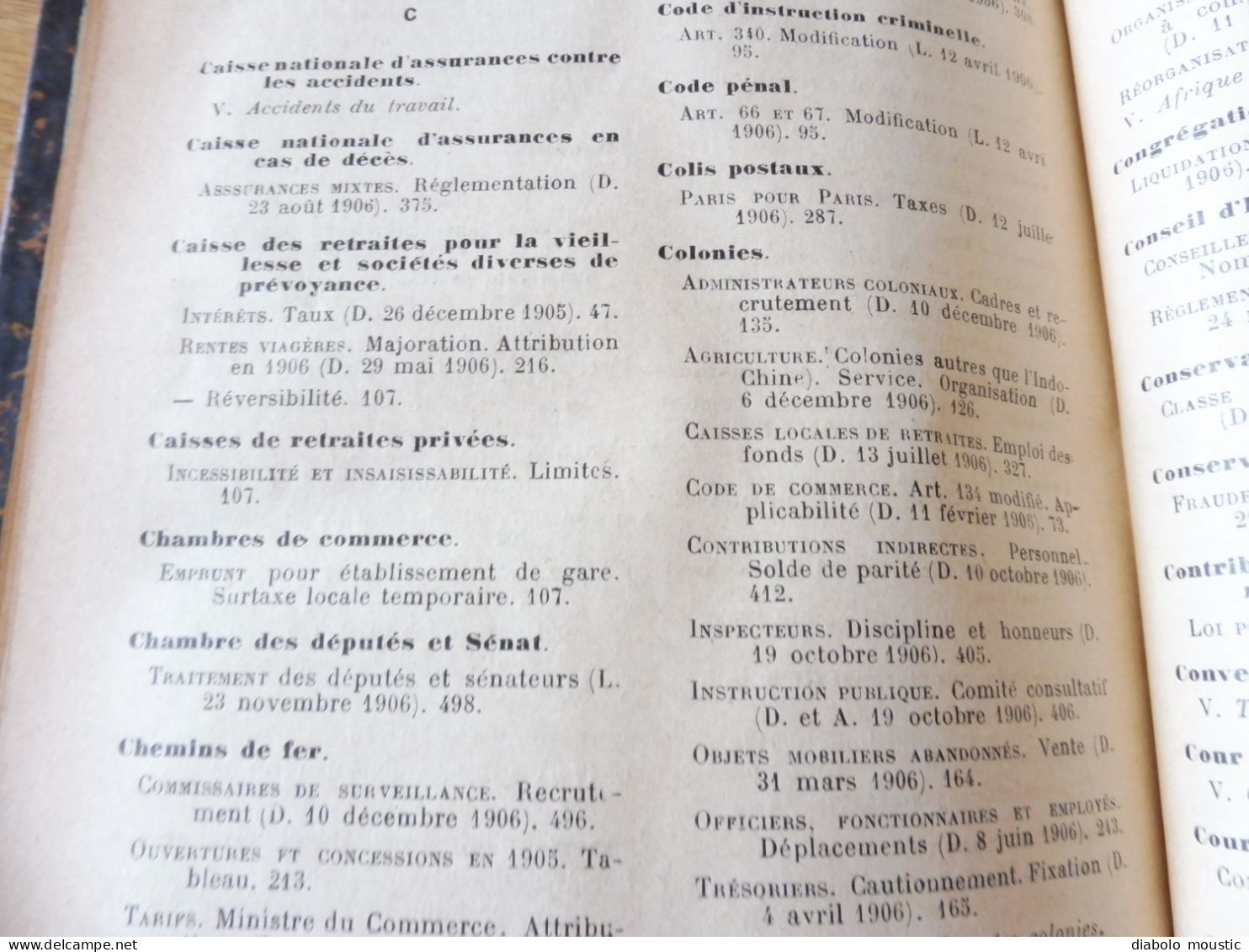 1906  RECUEIL des LOIS : Fraudes et répressions, Explosifs, Code pénal, Police sanitaire,  Etc ; Etc