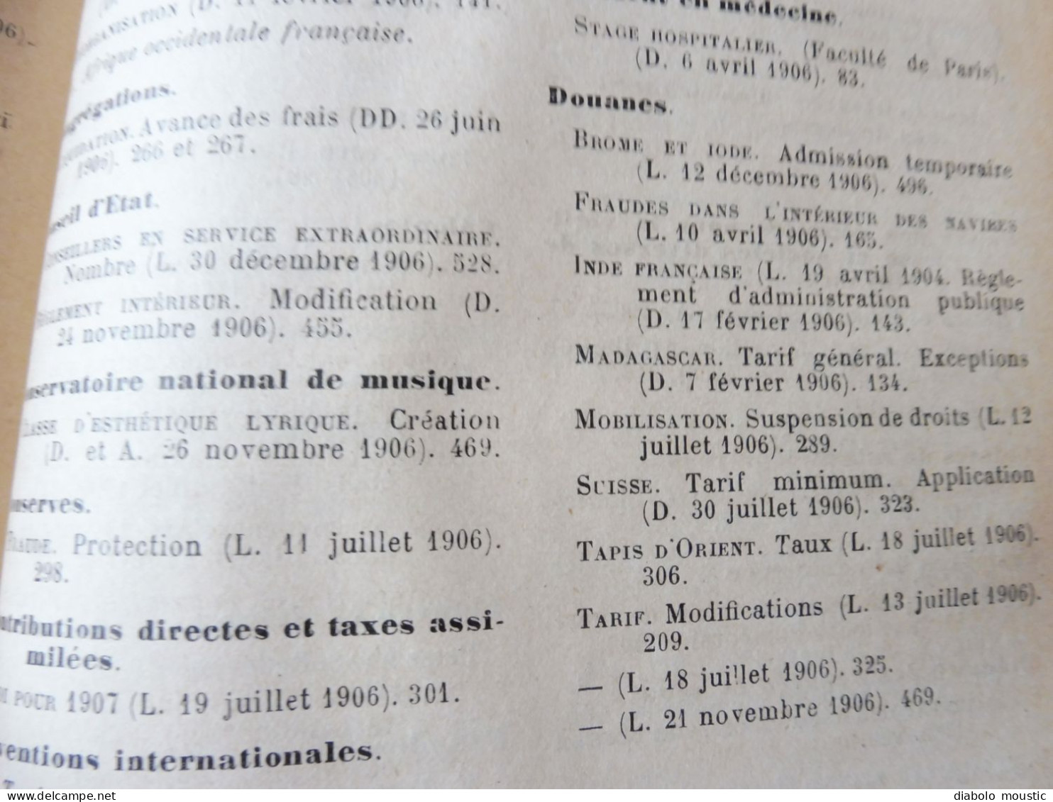 1906  RECUEIL des LOIS : Fraudes et répressions, Explosifs, Code pénal, Police sanitaire,  Etc ; Etc