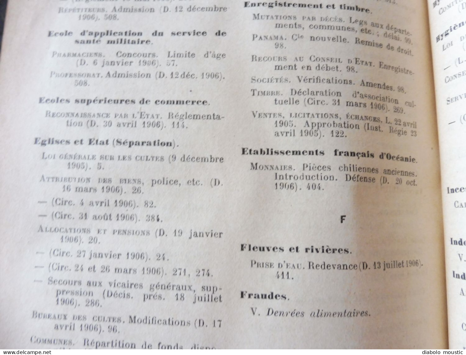 1906  RECUEIL des LOIS : Fraudes et répressions, Explosifs, Code pénal, Police sanitaire,  Etc ; Etc