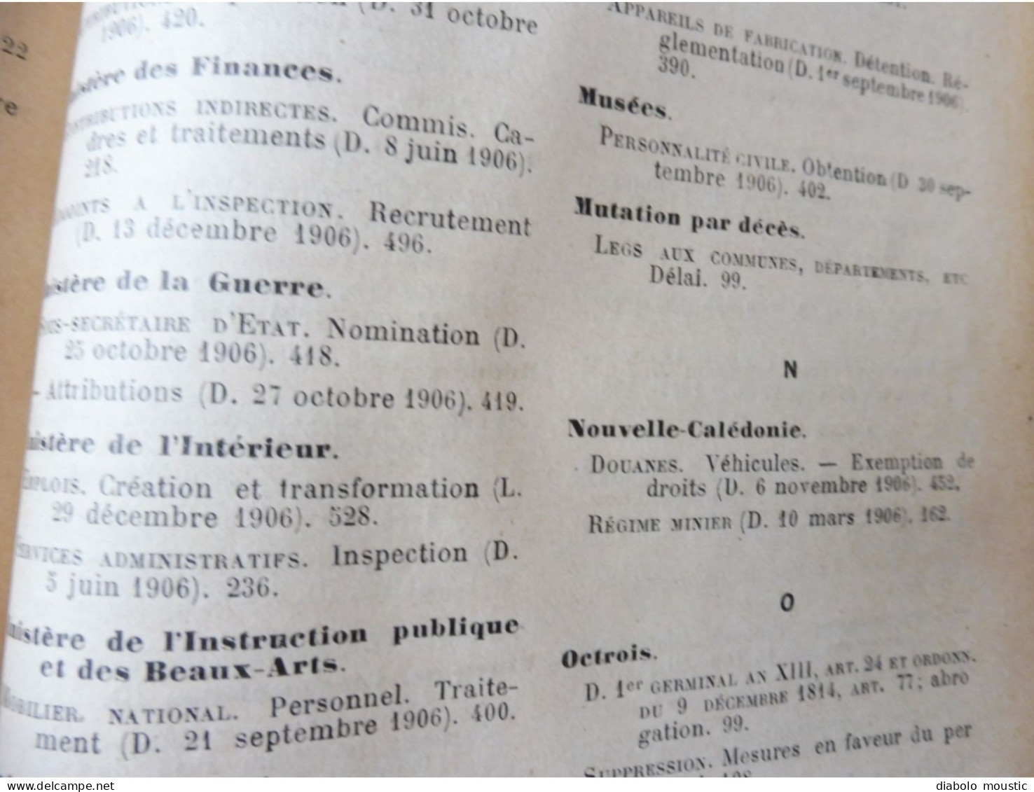 1906  RECUEIL des LOIS : Fraudes et répressions, Explosifs, Code pénal, Police sanitaire,  Etc ; Etc