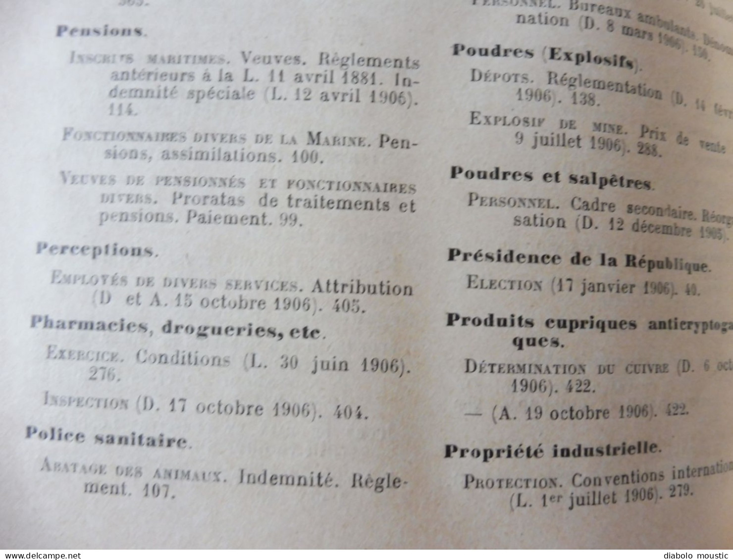 1906  RECUEIL des LOIS : Fraudes et répressions, Explosifs, Code pénal, Police sanitaire,  Etc ; Etc