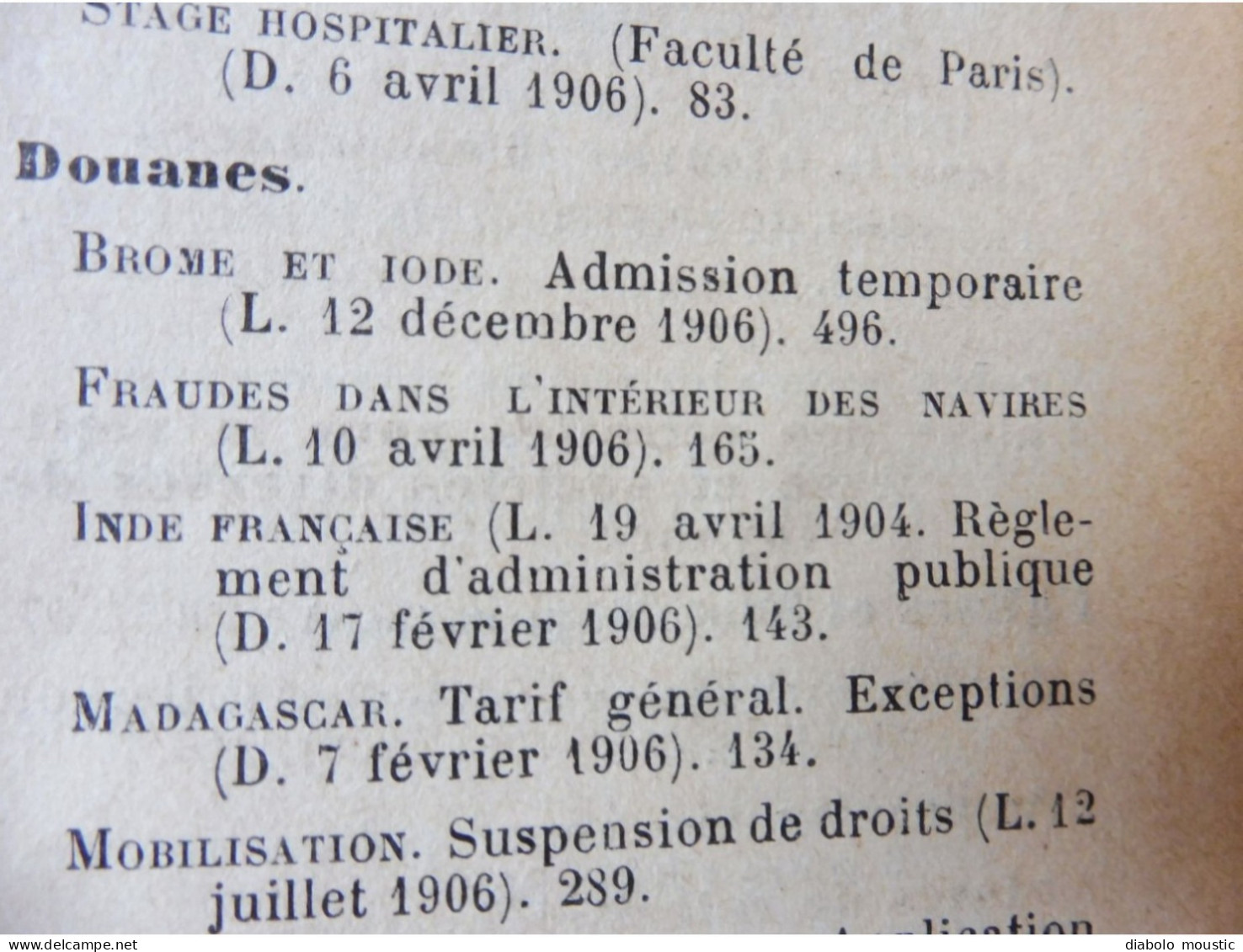 1906  RECUEIL des LOIS : Fraudes et répressions, Explosifs, Code pénal, Police sanitaire,  Etc ; Etc