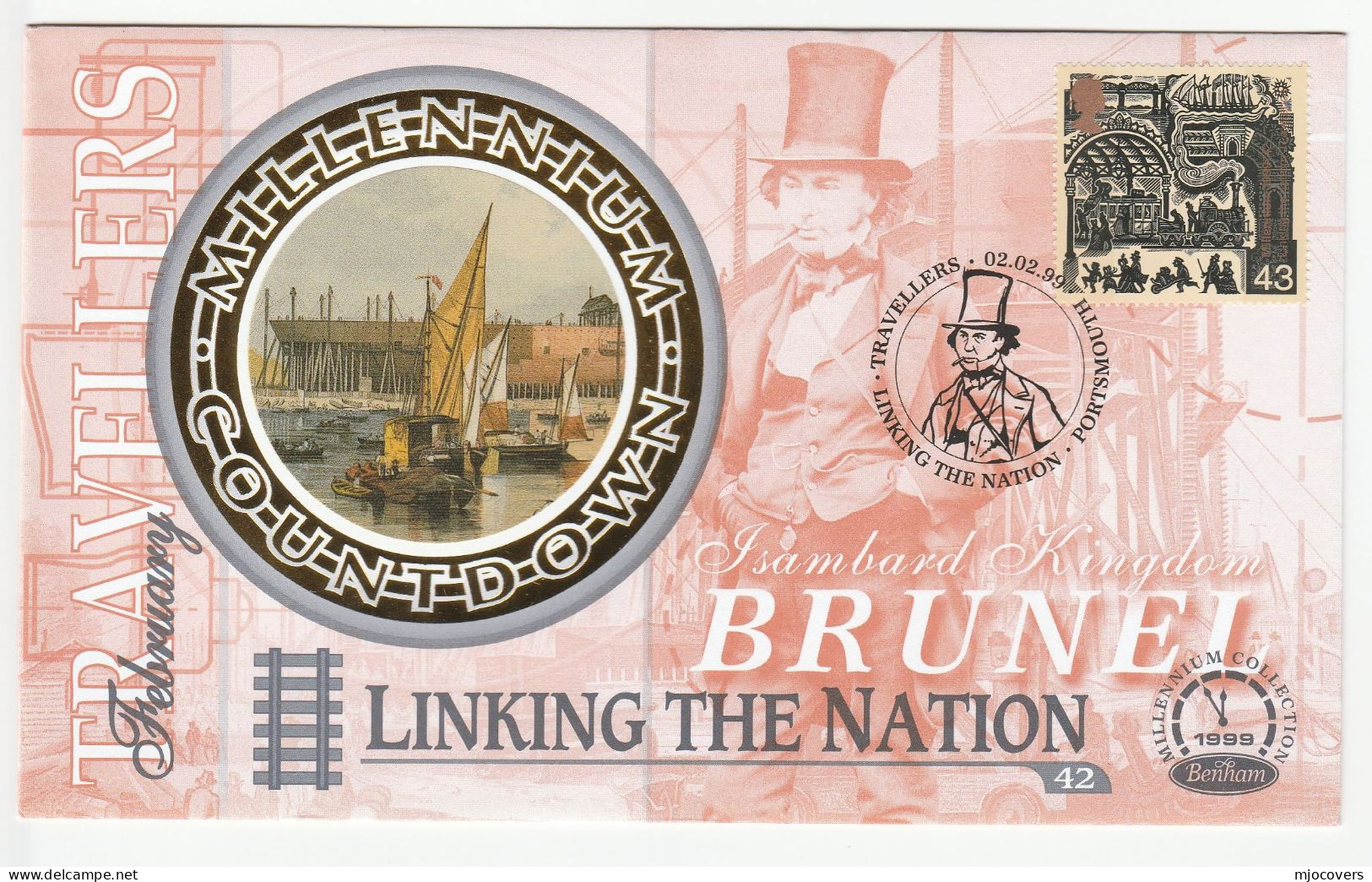 I K BRUNEL Special SILK FDC 1999 Portsmouth GB Cover Stamps Hat Costume Steam Train Ship - 1991-2000 Dezimalausgaben