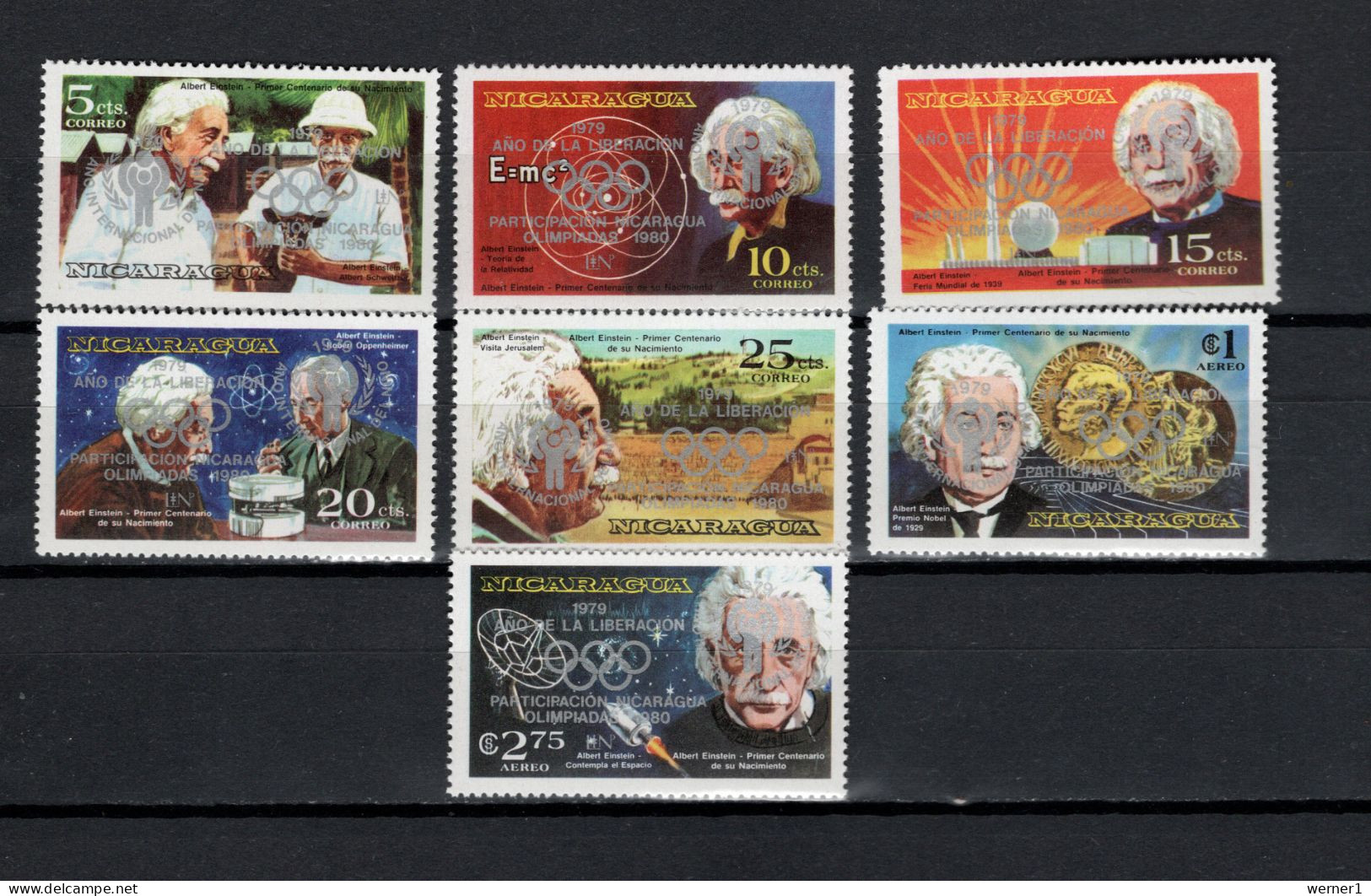 Nicaragua 1980 Space, IYC, Olympic Games Moscow Set Of 7 With Silver Overprint On Albert Einstein MNH - America Del Nord