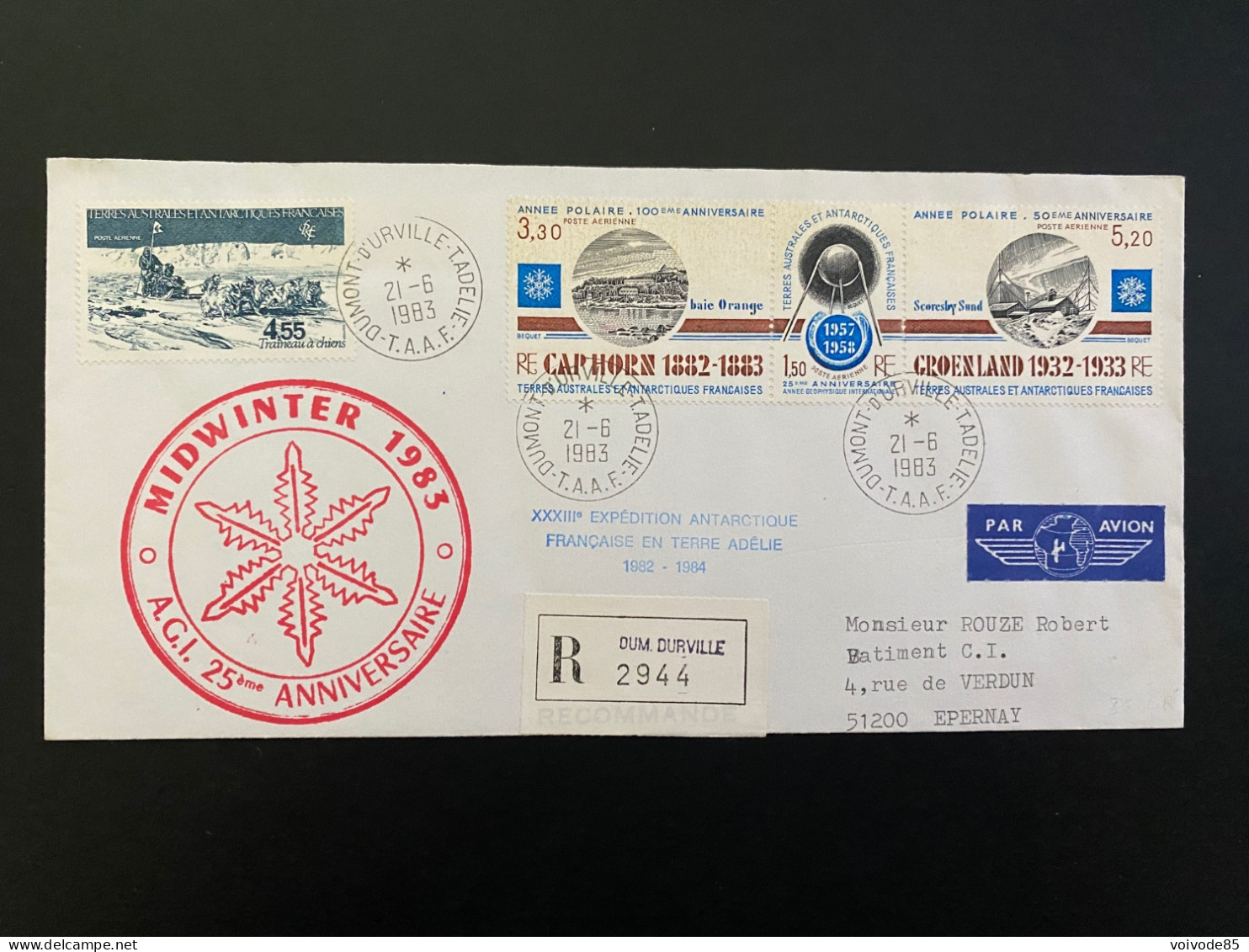 Lettre "25e Anniversaire Midwinter 83" - 21/06/1983  - PA74 - PA77A - TAAF - Terre Adélie - Air Mail Cap Horn Groenland - Covers & Documents