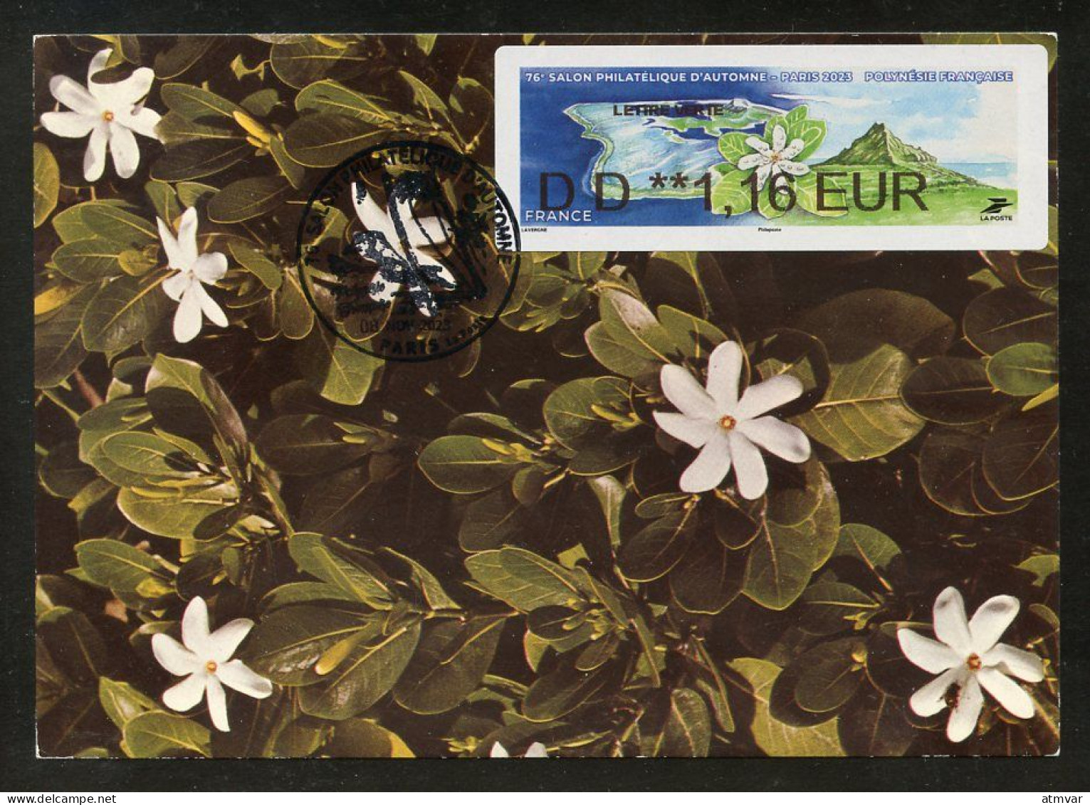 FRANCE (2023) Carte Maximum Card ATM LISA - Polynésie Française Tiare Tahiti Fleur 76e Salon Philatélique Automne Paris - 2020-…