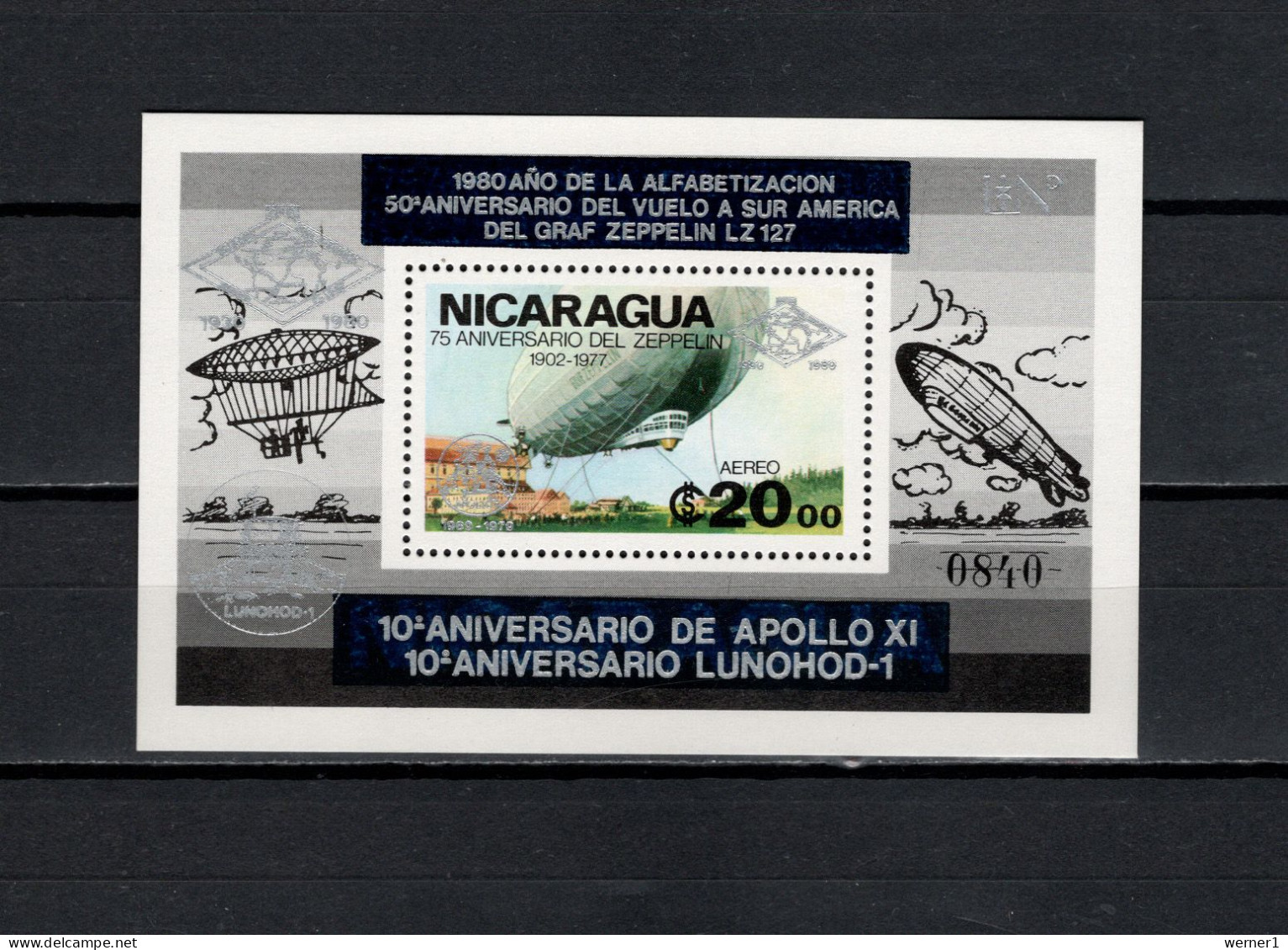 Nicaragua 1980 Space, Apollo 11 Moonlanding, Lunochod 1, Zeppelin S/s With Silver Overprint MNH - Noord-Amerika