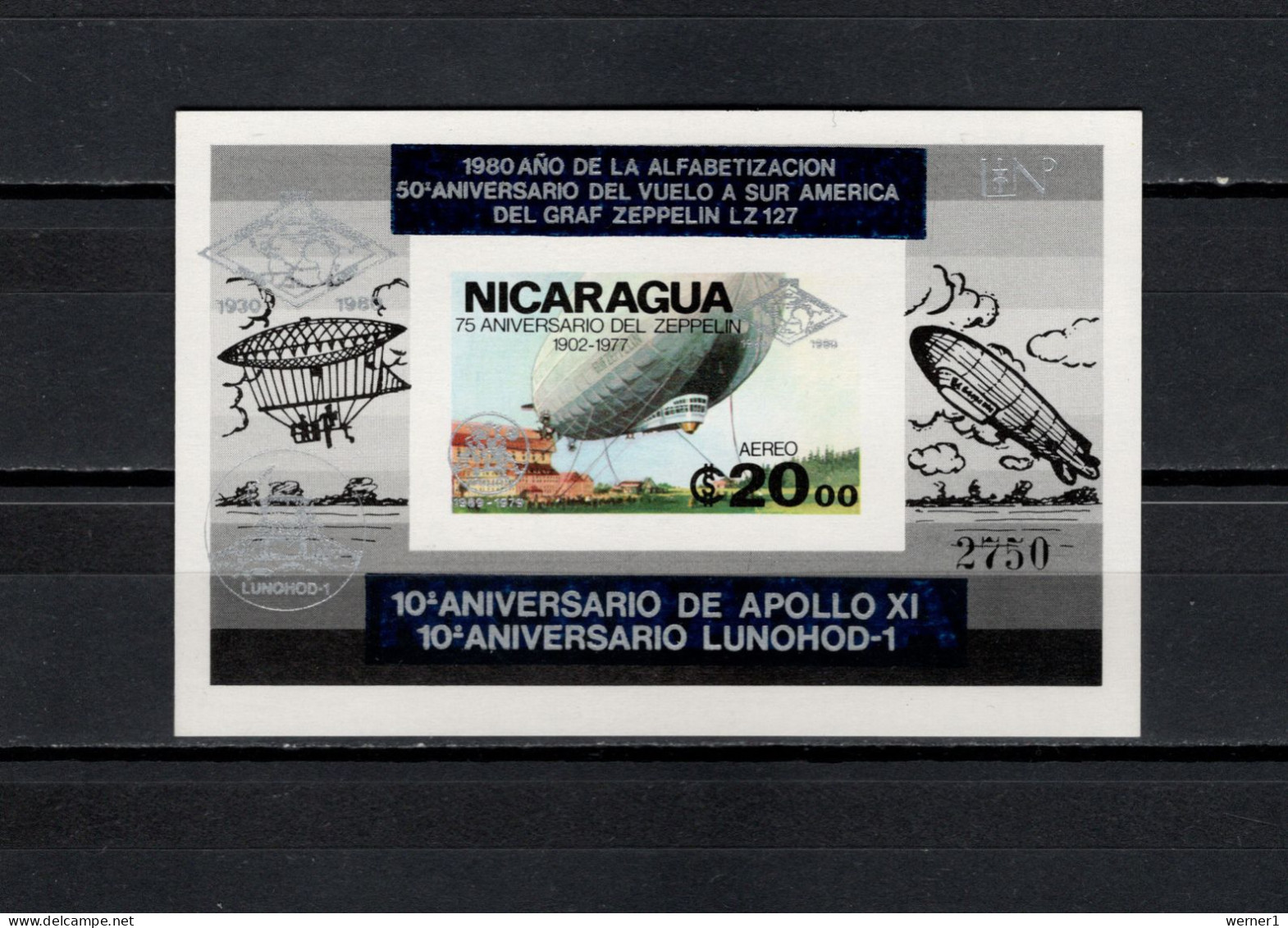 Nicaragua 1980 Space, Apollo 11 Moonlanding, Lunochod 1, Zeppelin S/s Imperf. With Silver Overprint MNH - Nordamerika