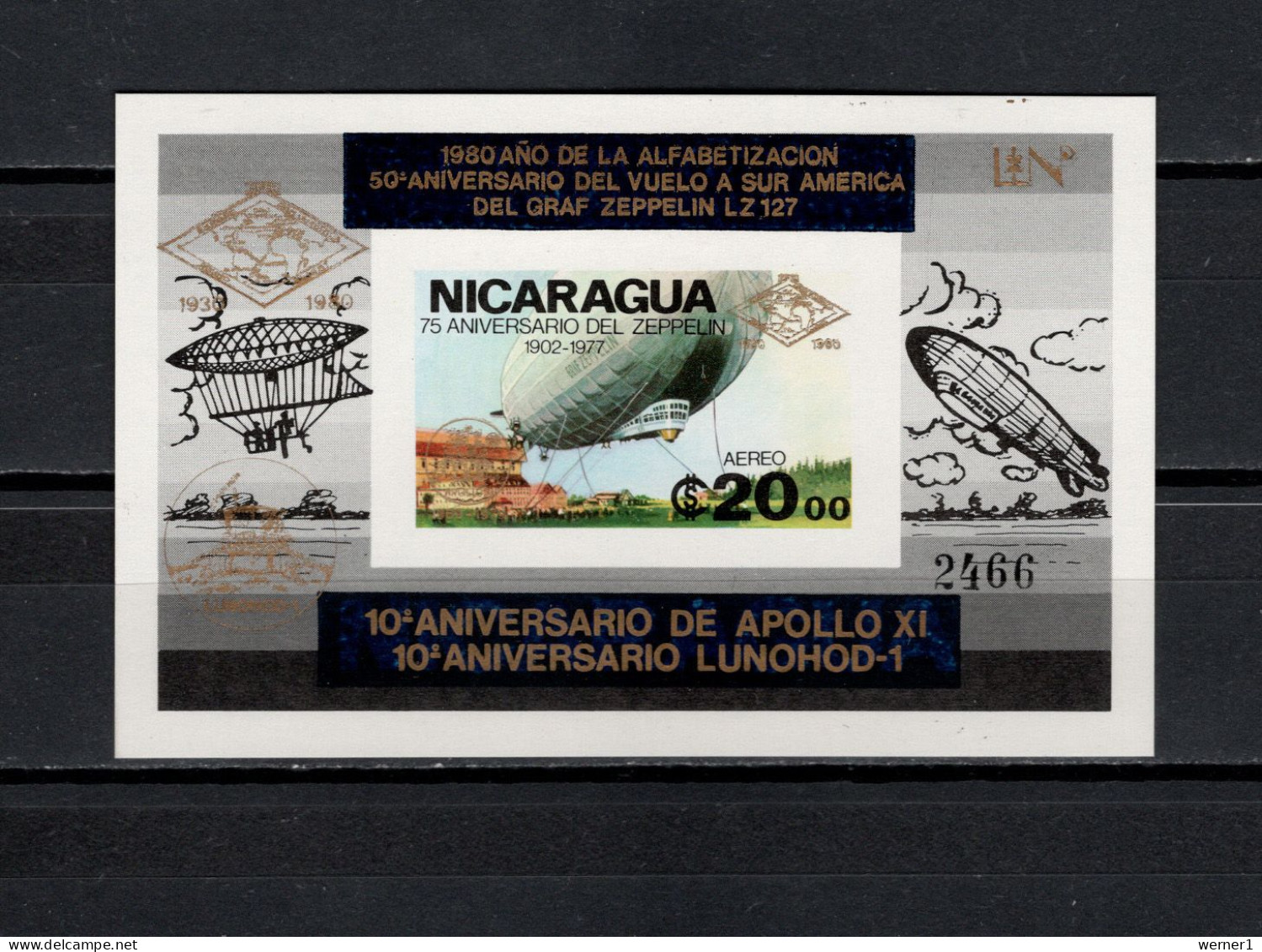 Nicaragua 1980 Space, Apollo 11 Moonlanding, Lunochod 1, Zeppelin S/s Imperf. With Golden Overprint MNH -scarce- - North  America