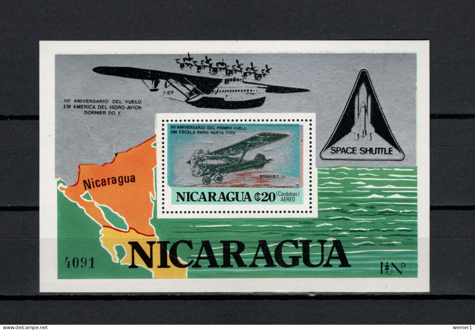 Nicaragua 1980 Space, Aviation DO-X, Space Shuttle S/s With Black And Silver Overprint MNH - America Del Nord