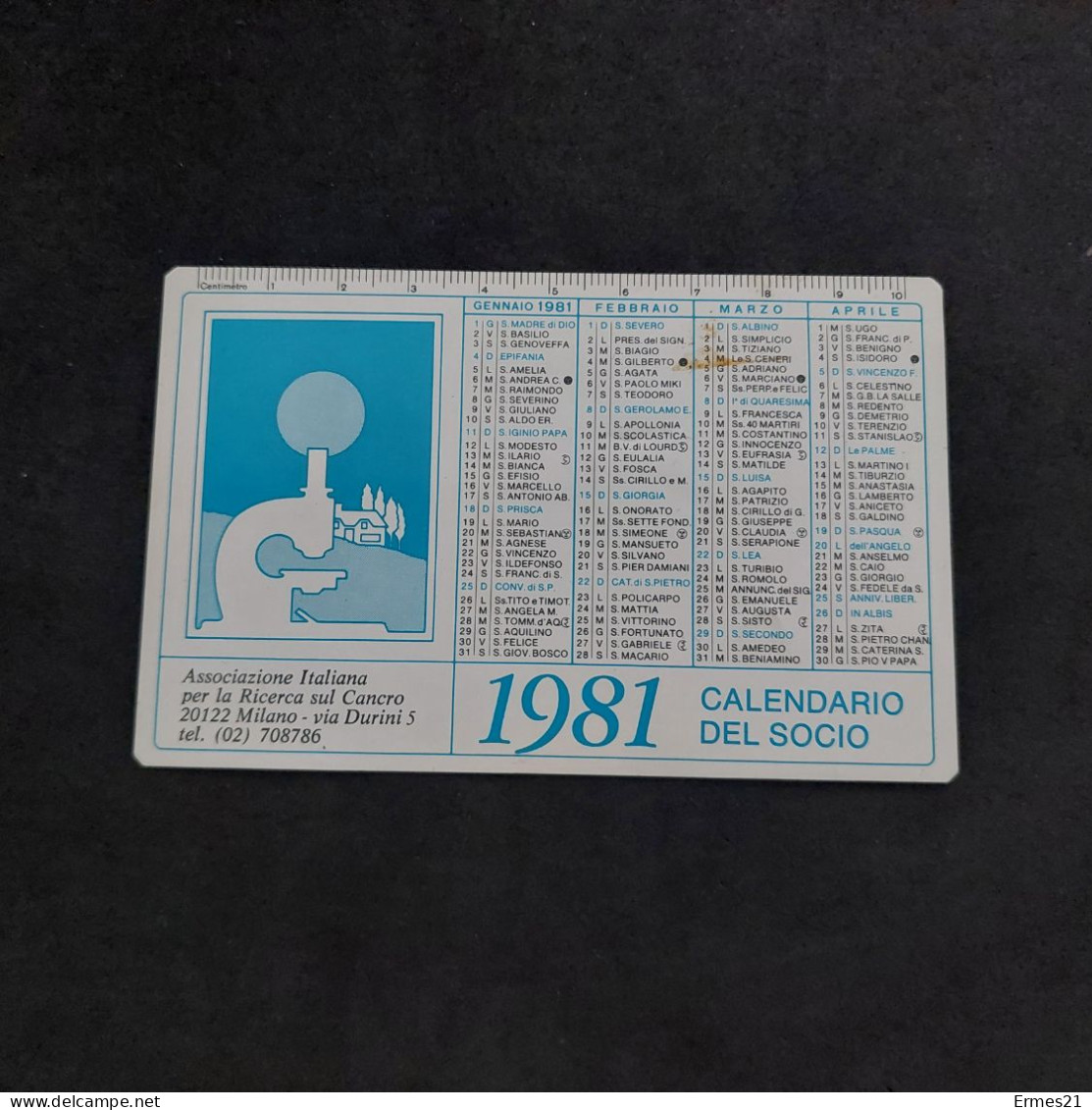 Calendarietto 1981 AIRC Associazione Italiana Ricerca Sul Cancro. Condizioni Eccellenti.  Plastificato. - Formato Piccolo : 1981-90