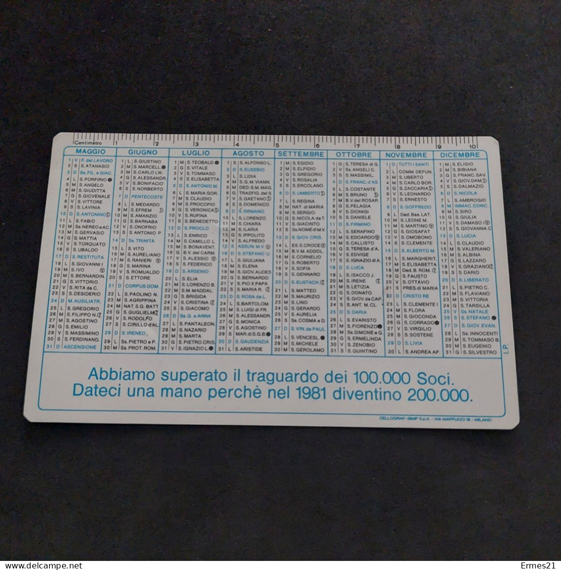 Calendarietto 1981 AIRC Associazione Italiana Ricerca Sul Cancro. Condizioni Eccellenti.  Plastificato. - Petit Format : 1981-90