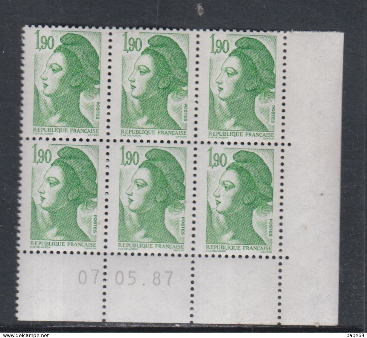 France Type Liberté N° 2424 XX : 1 F. 90  Vert  En Bloc De 6 Coin Daté Du 07 . 05 . 87 ;   Sans Charnière TB - 1980-1989